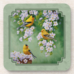 Posavasos Aves de Goldfinch y flores verdes