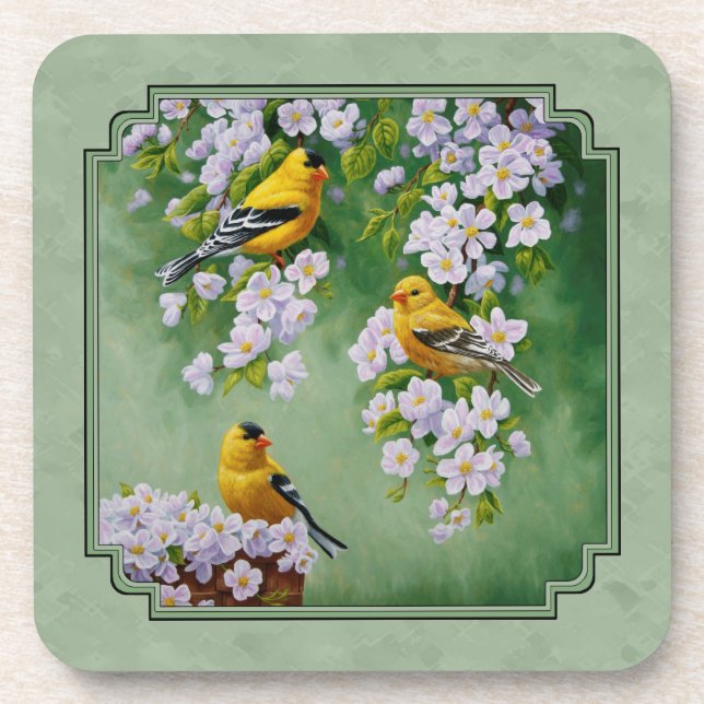 Posavasos Aves de Goldfinch y flores verdes (Frente)