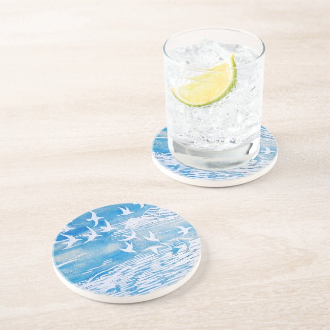 Posavasos Aves de la Costa Azul Arte de acuarela moderna (Lado)