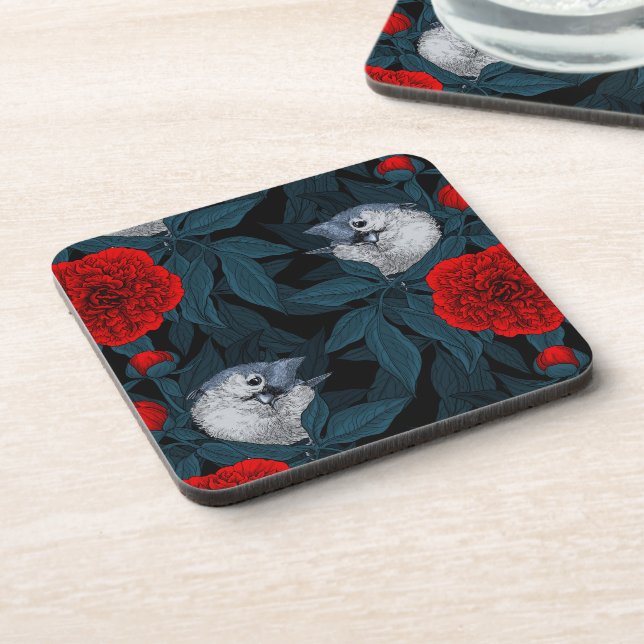 Posavasos Aves y flores de peón rojo con hojas azules (Lado Izquierdo)