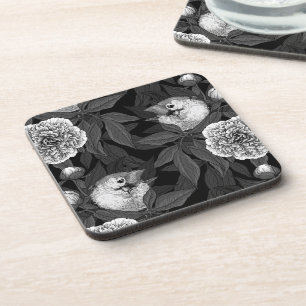 Posavasos Aves y flores de peonía monocromas, grises