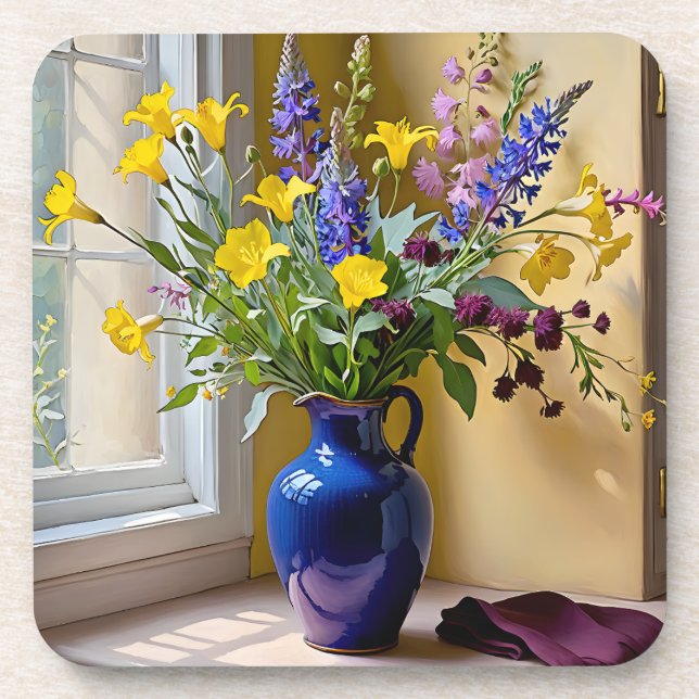 Posavasos Azul amarillo morado florece arte (Frente)