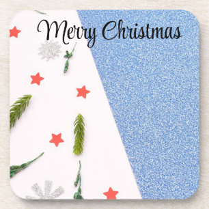 Posavasos Azul blanco y brillante con árbol de pino, estrell