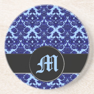 Posavasos Azul clásico del damasco (monograma)