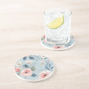 Posavasos Azul Polvoriento Floral Acuarela Jardín Rosado Flo