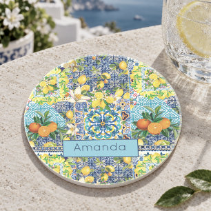 Posavasos Azul Turquesa Siciliano Floral Cítrico Chic