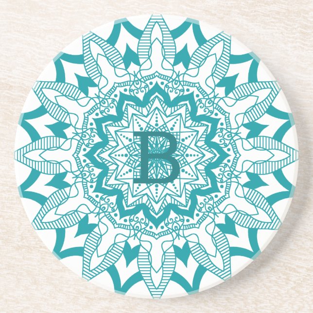 Posavasos Azul-verde en monograma de mandala blanca (Frente)