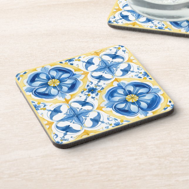 Posavasos 💛 💙 Azul y amarillo, acuarela floral Azulejos (Lado Izquierdo)