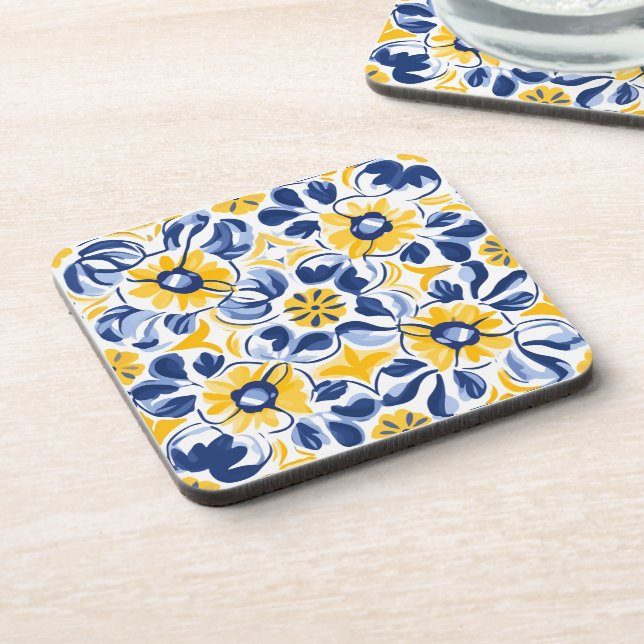 Posavasos 💛 💙 Azul y amarillo Azulejos florales (Lado Izquierdo)