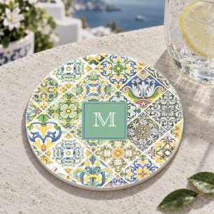 Posavasos Azulejo de cerámica mediterránea siciliana verde e