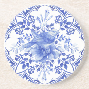 Posavasos Azulejo Floral Azul y Blanco con Pájaro