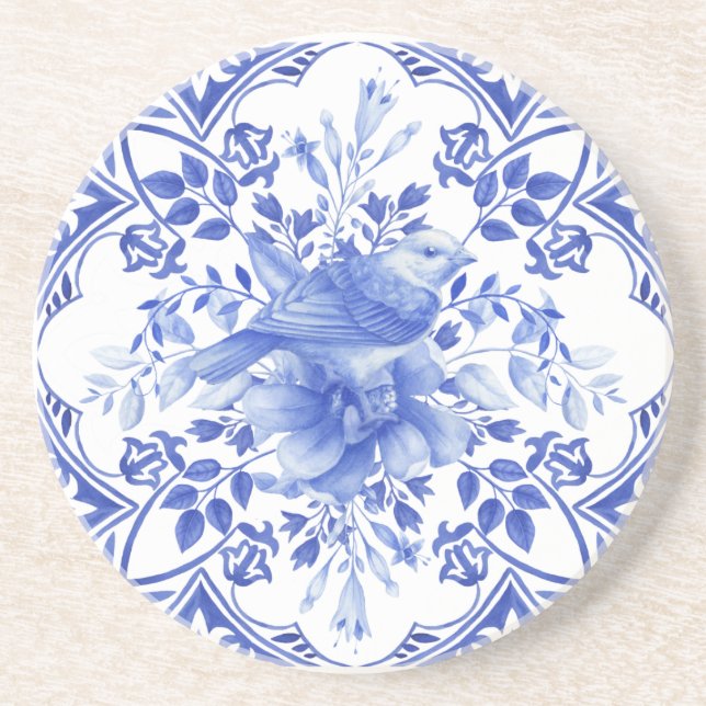 Posavasos Azulejo Floral Azul y Blanco con Pájaro (Frente)