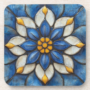 Posavasos Azulejo floral Blanco azul y amarillo