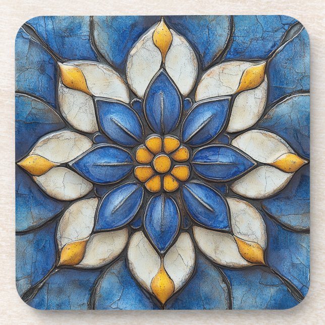 Posavasos Azulejo floral Blanco azul y amarillo (Frente)