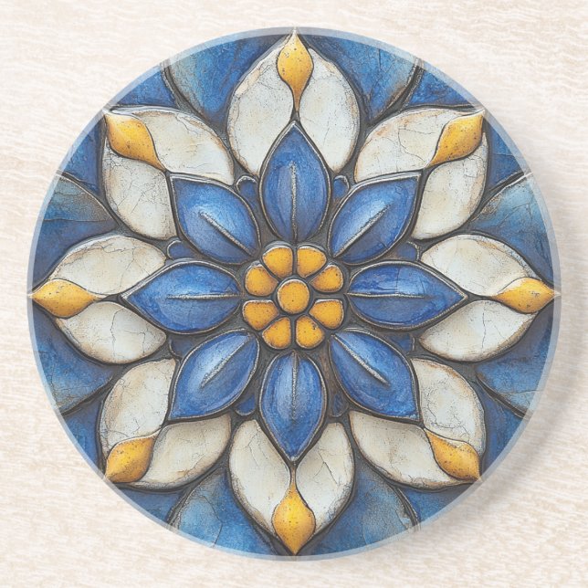 Posavasos Azulejo floral Blanco azul y amarillo (Frente)