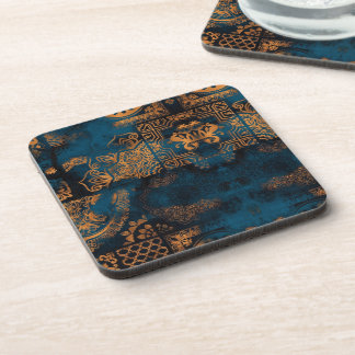 Posavasos Azulejo Geométrico Boho Antiguo Teal y Dorado