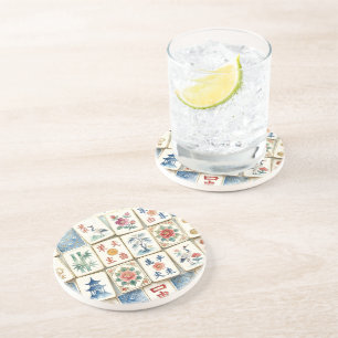 Posavasos Azulejos de Chinoiserie Mahjong Flores Acuarela Pá