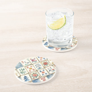 Posavasos Azulejos de Chinoiserie Mahjong Flores Acuarela Pá