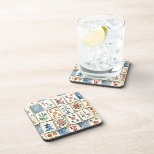 Posavasos Azulejos de Chinoiserie Mahjong Flores Acuarela Pá