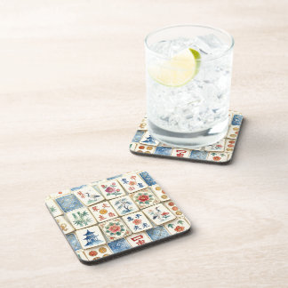 Posavasos Azulejos de Chinoiserie Mahjong Flores Acuarela Pá