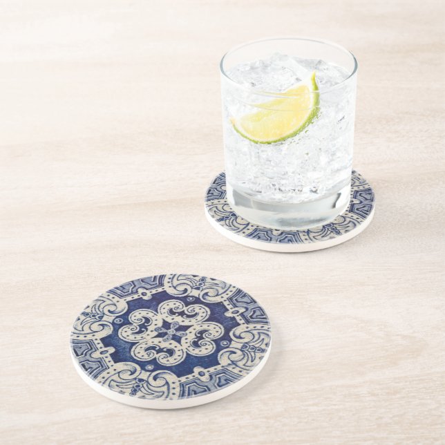 Posavasos Azulejos floral azul geométrico repro portugués (Lado)