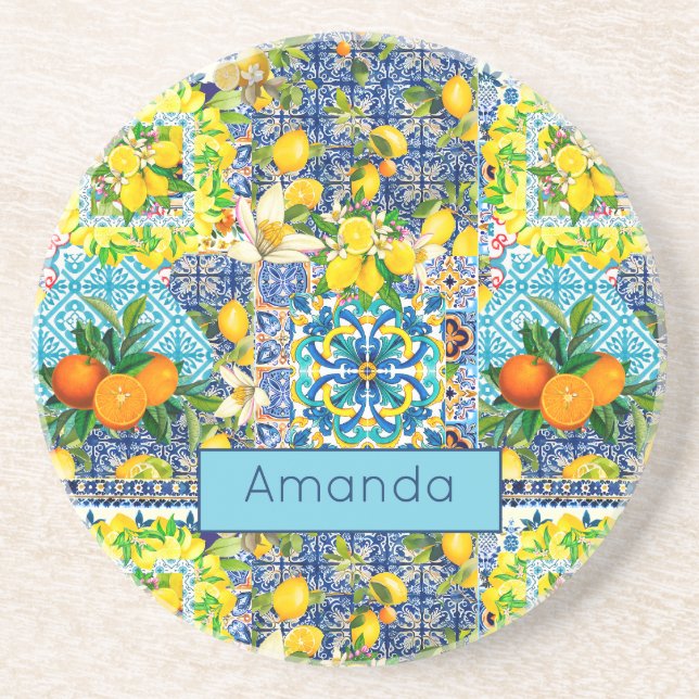 Posavasos azulejos florales de cítricos sicilianos azul moda (Frente)