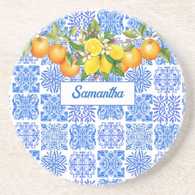 Posavasos Azulejos mediterráneos de cítricos amarillo azul s (Frente)