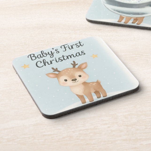 Posavasos Baby first Christmas reindeer cute festive nursery (Lado Izquierdo)