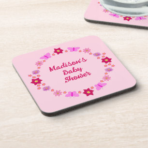 Posavasos Baby Shower de mariposas y flores para bebé rosa