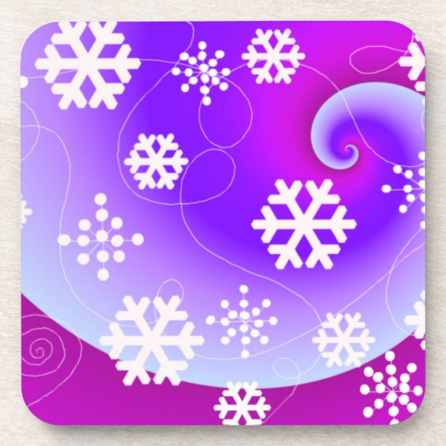 Posavasos Bailando copos de nieve en fondo morado (Frente)