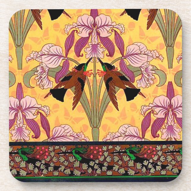 Posavasos Baldosa de pájaro colibrí de Art Nouveau (Frente)