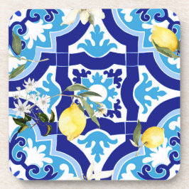 Posavasos Baldosas mediterráneas, azulejos azules, limón,