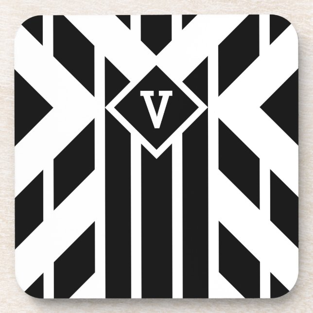 Posavasos Bandas cuadrilaterales negras sobre blanco con mon (Frente)