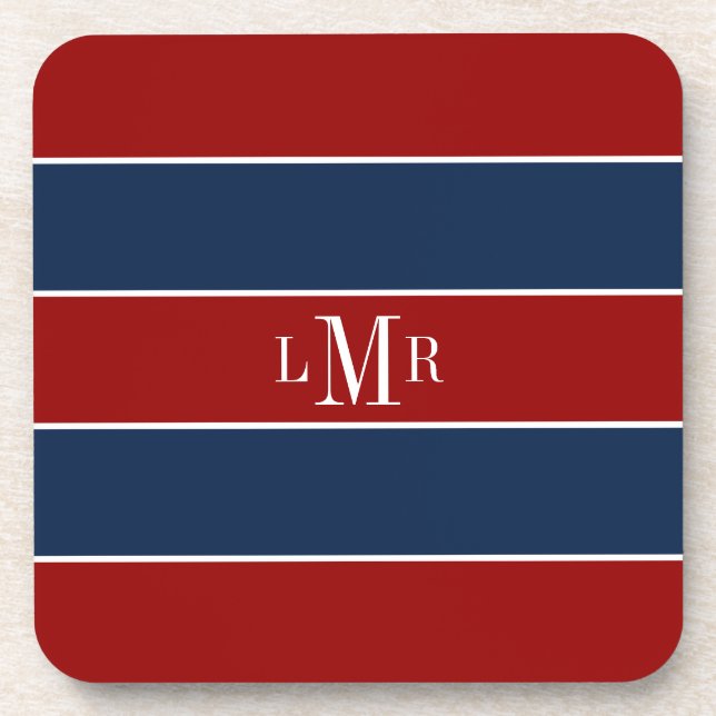 Posavasos Bandas de Rugby Rojo y Azul 3 Letra monograma (Frente)