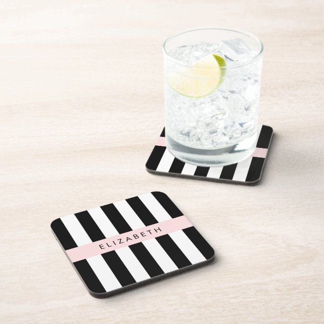 Posavasos Bandas en blanco y negro, rayas, líneas, nombre (Lado Derecho)