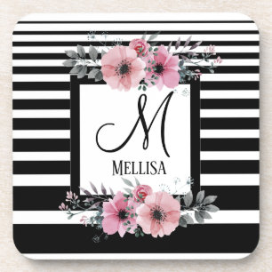 Posavasos Bandas negras y blancas monograma floral rosa