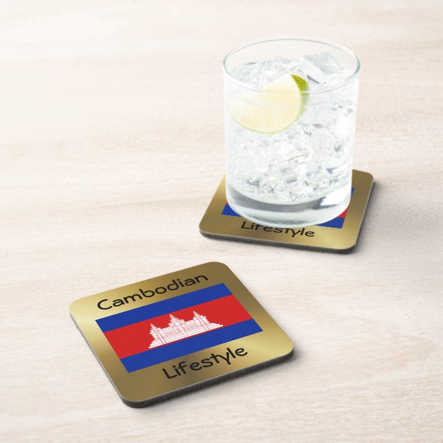 Posavasos Bandera de Camboya y anilla de texto (Lado Derecho)