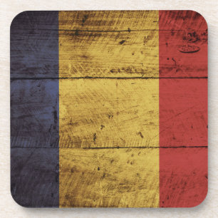 Posavasos Bandera de Rumania en grano de madera viejo