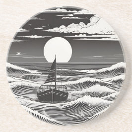 Posavasos Barco blanco negro solitario en problemas en el ma