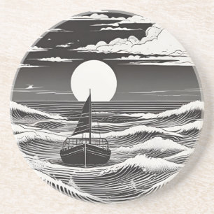 Posavasos Barco blanco negro solitario en problemas en el ma