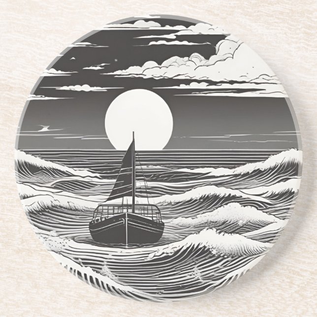 Posavasos Barco blanco negro solitario en problemas en el ma (Frente)