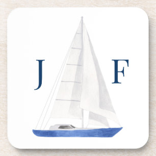 Posavasos Barco de vela acuarela náutica monogramada 