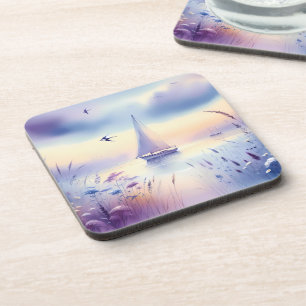 Posavasos Barco de vela pastel Paisaje de ensueño costero