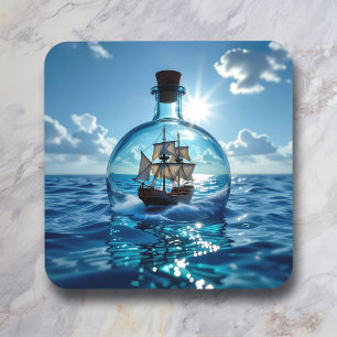 Posavasos Barco en una botella flotando en el océano