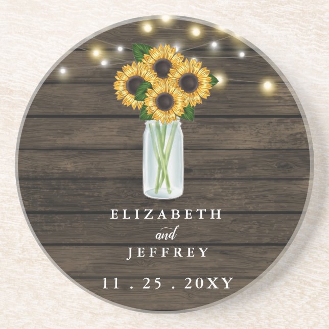 Posavasos Barn Wood String ilumina Sunflowers Boda Square (Frente)