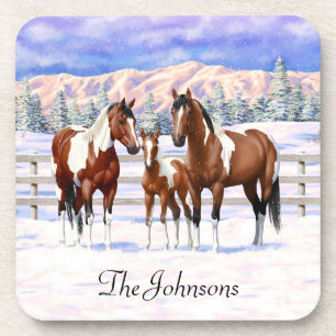 Posavasos Bay Pinto Pintando Caballos En Nieve De Invierno