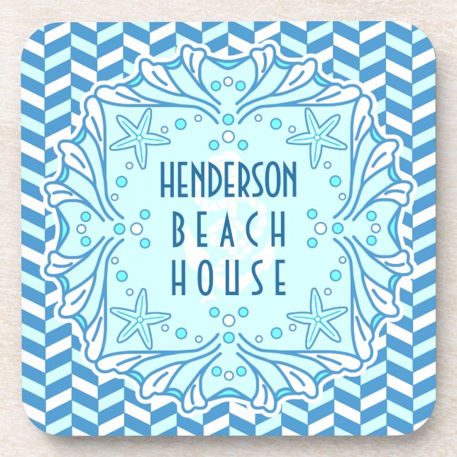 Posavasos Beach House Art Déco Shell y Personalizado Herring (Frente)