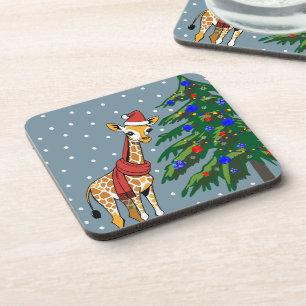 Posavasos Beanie de jirafa y bufanda con árbol de Navidad