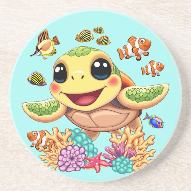 Posavasos Bebé de tortuga marina feliz y con carácter (Frente)