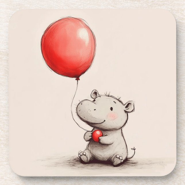 Posavasos Bebé dulce Hippo con globo rojo (Frente)
